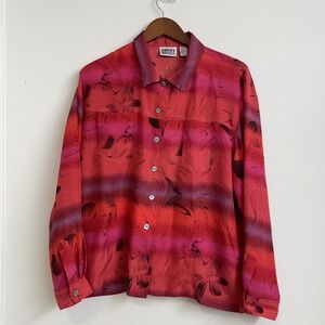 Chico's Tops Womens size 3 Red Floral 100% Silk Chest Pockets Fairy Causal Comfy